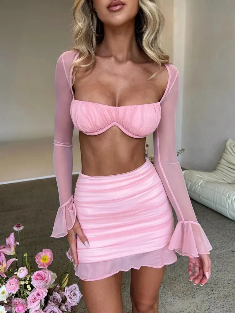Mozision Mesh Sexy Dress Set Women Strapless Full Sleeve Crop Top And Mini Skirt Matching Sets Female Club Party Two Piece 240321