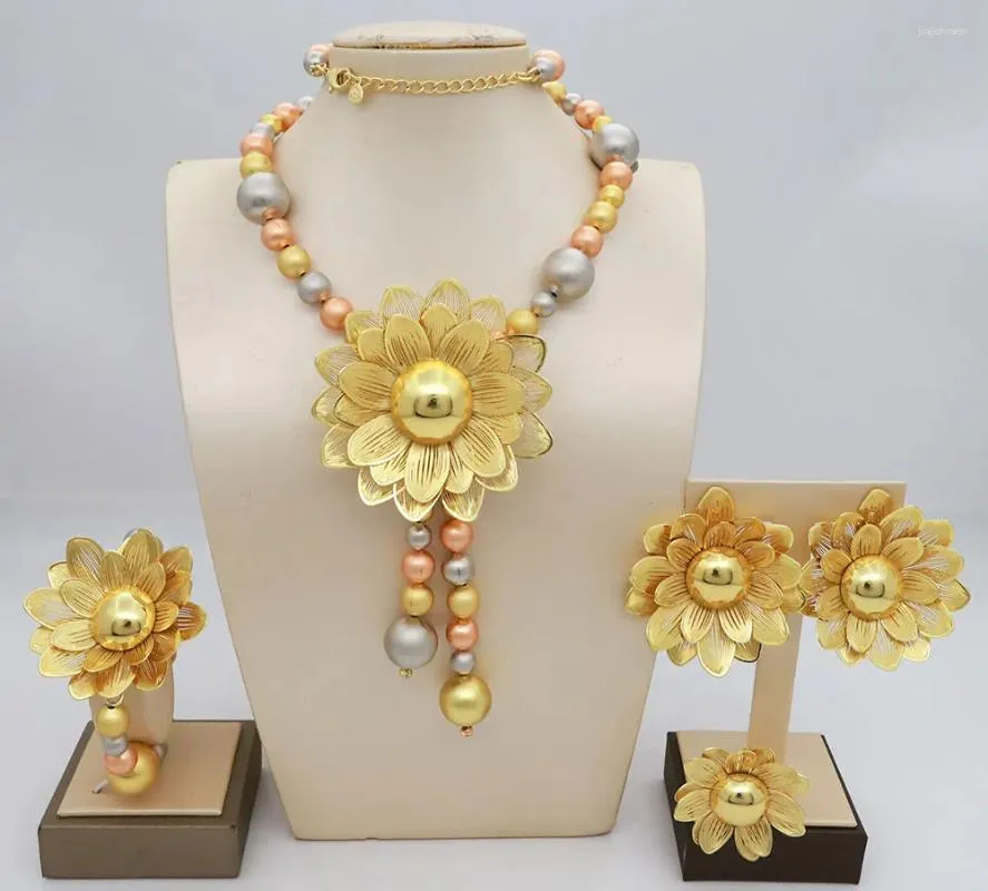 Colar brincos conjunto moda brasil banhado a ouro jóias luxo contas anel casamento banquete girassol pingente qualidade grânulo jóias