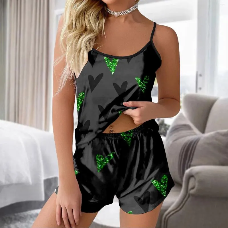 Women's Sleepwear Women Sexy Pajama Sets Love Printed Camisole Shorts Lingerie Home Sleeveless Top Pajamas Casual Ultra-Soft Cotton