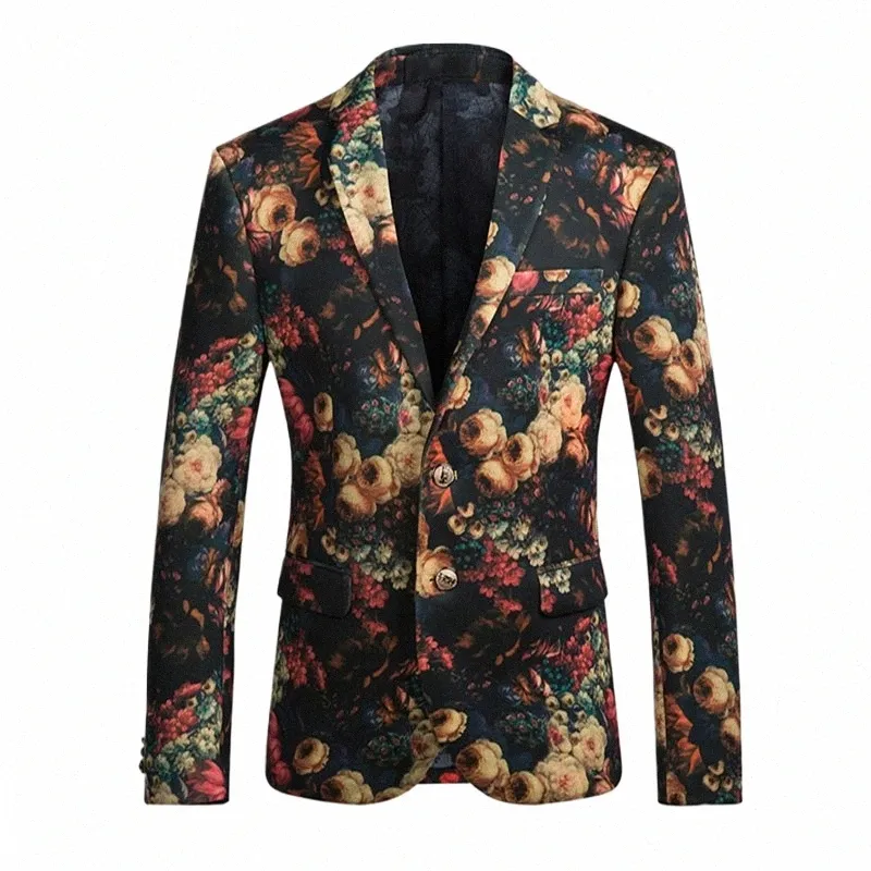 Männer Blumendruck Busin Bräutigam Blazer Plus Größe Herbst Frühling Vintage V-ausschnitt Slim Fit Formale Klassische Casual Blazer E72 c0Sn #