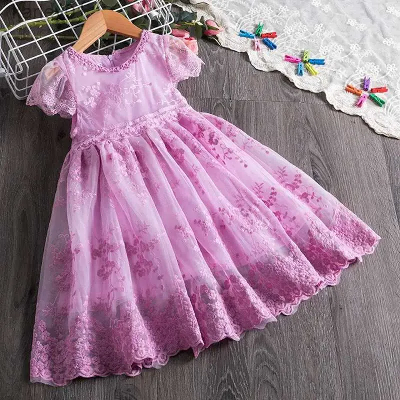 Robes de fille Vintage fille robe broderie dentelle fleur robe enfants à manches courtes fête d'anniversaire robe été enfant en bas âge fille vêtements 3-8 ans yq240327