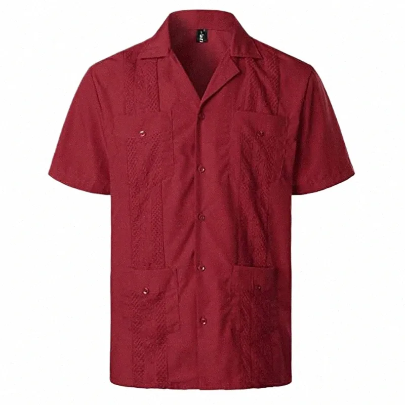 vinröd fyra-fickig kubansk guayabera skjorta män kort ärm läger collar skjorta manlig broderad mexikansk cigarrbröllop strandskjorta 634b#