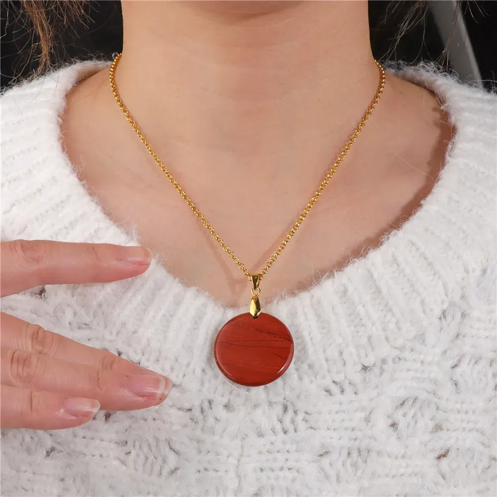 Round Slice Stone Necklace for Women Natural Tiger Eye Stone Lapis Lazuli Pendent Gold Choker Chain Necklace Men Jewelry Party Gift