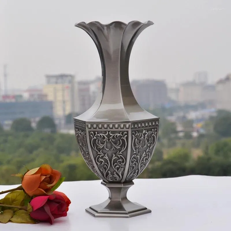 花瓶ヨーロッパH34cm古代錫色ビッグヴァスヴィンテージ花瓶ホームデコレーション合金金属花のテーブル014