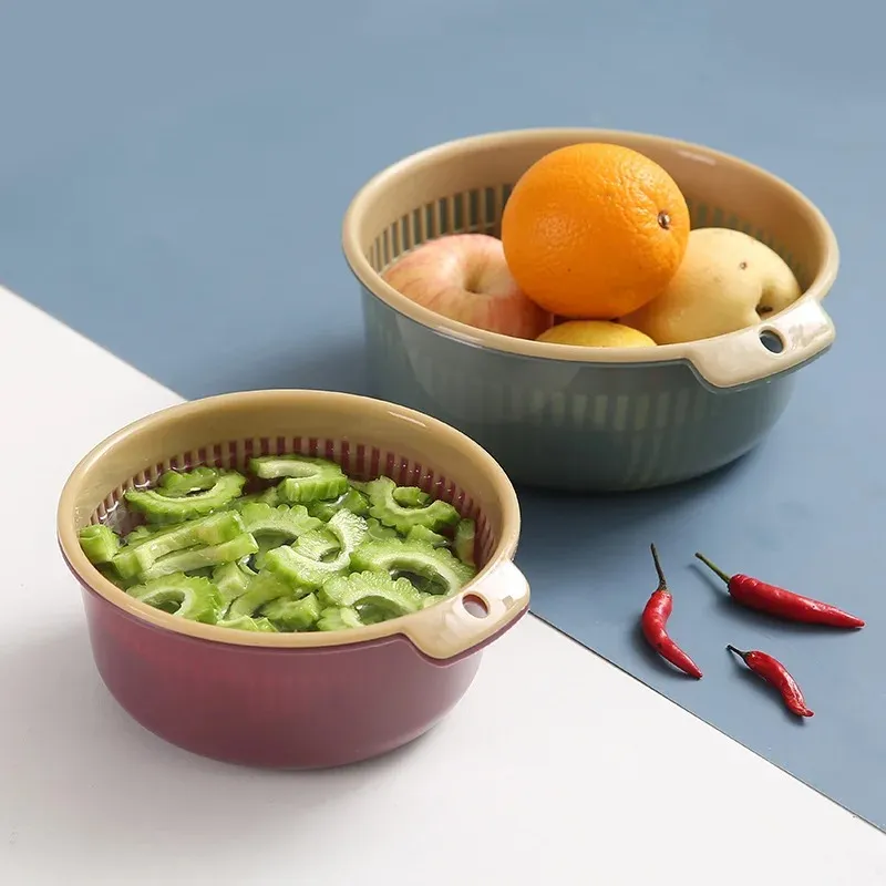 Afneembare dubbellaagse Plastic Voedselzeef Holle Fruit Groente Wasvergiet Keuken Schoonmaken Wasmand Zeef