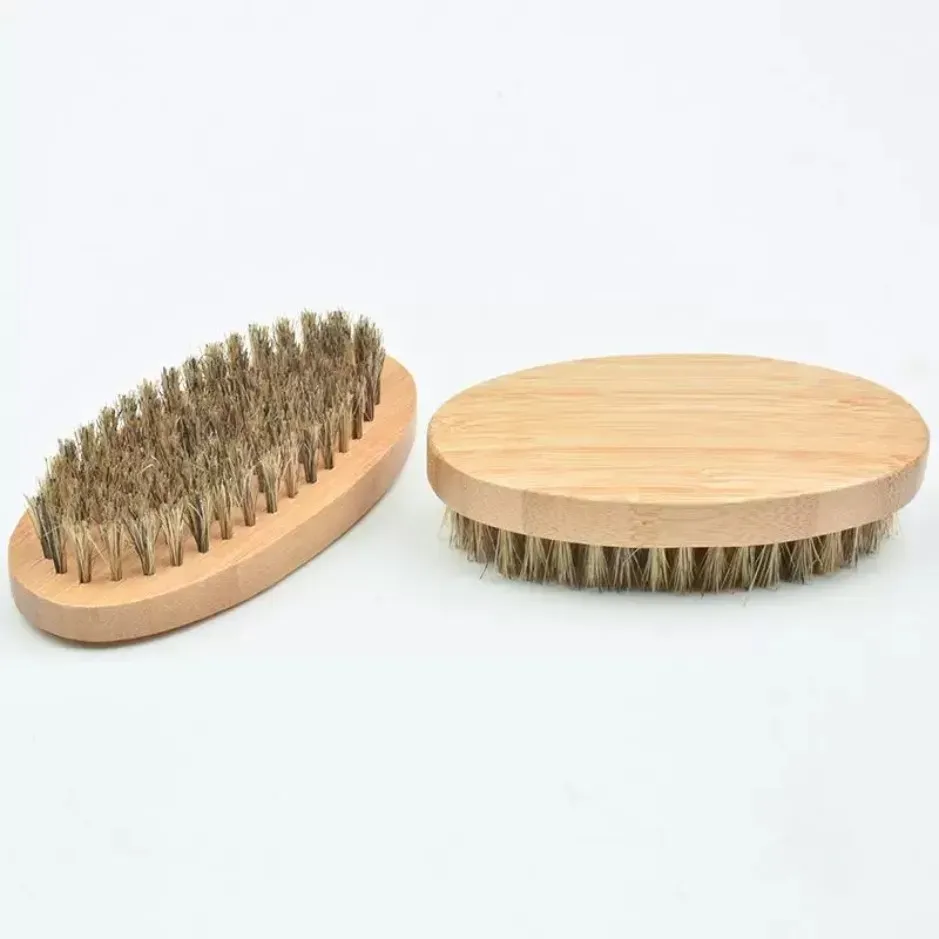 Boar Brestle Hair Beard Brush Hard Round Wood Handle Anti-Static Boar Comb Frisörsverktyg för män Skägg Anpassningsbar 0327