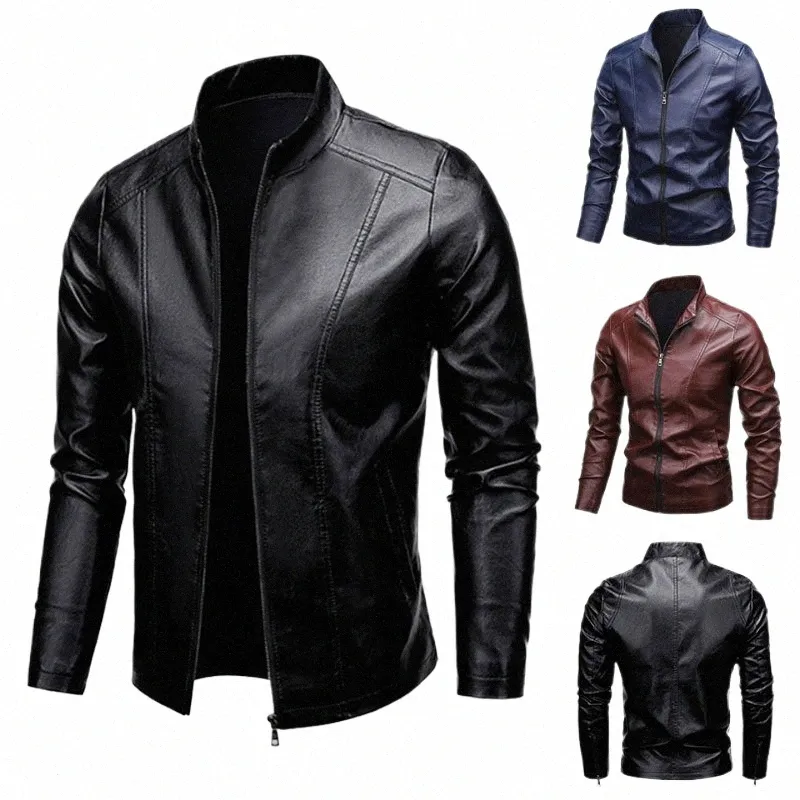 Autumn New Men Leather Coat Vintage Classic Stand Collar Man Faux Leather Jacket Trend Casual Fit Slim Motorcykelkläder L0ZU#