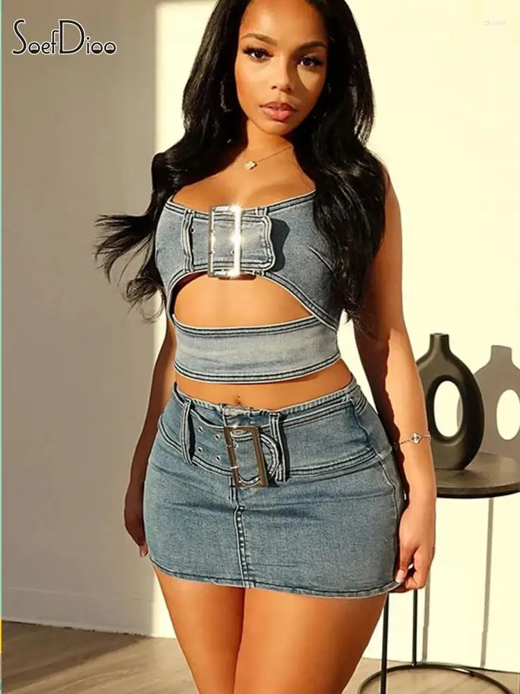 Work Dresses Soefdioo Casual Elastic Denim Women's Set Hollow Out Crop Tank Tops And Mini Skirt Suit 2024 Summer Street 2 Piece Sets Outfits