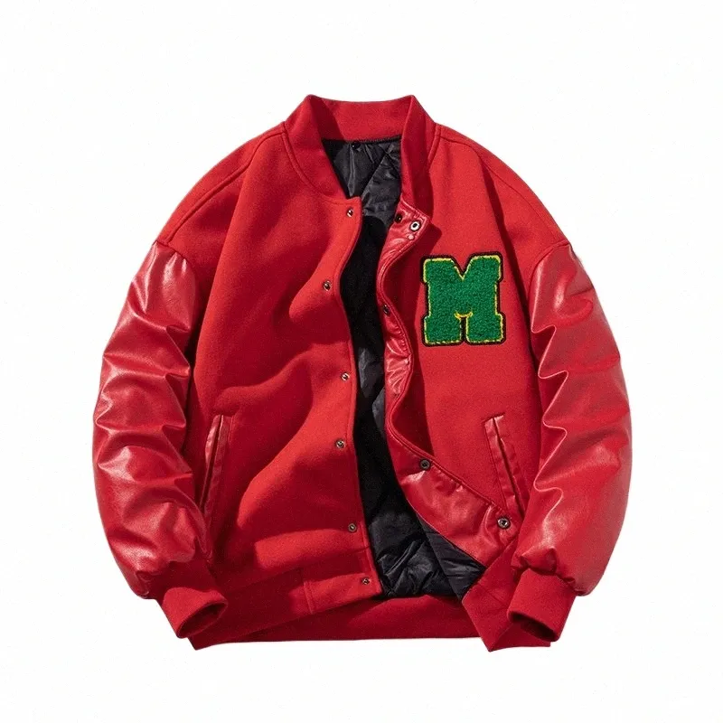 men Varsity Jacket Winter Women Letter Fi Baseball Jacket Leather Sleeve Motorcycle Coat Butt College Warm Parkas Red z9Gi#