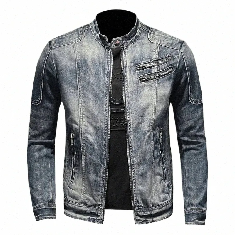 Military Denim Jacket Men Spring Autumn Motorcykel Slim Fit Cowboy Jackets Mens Vintage W Oblique Zipper Jean Coats Storlek 4xl N0S1#