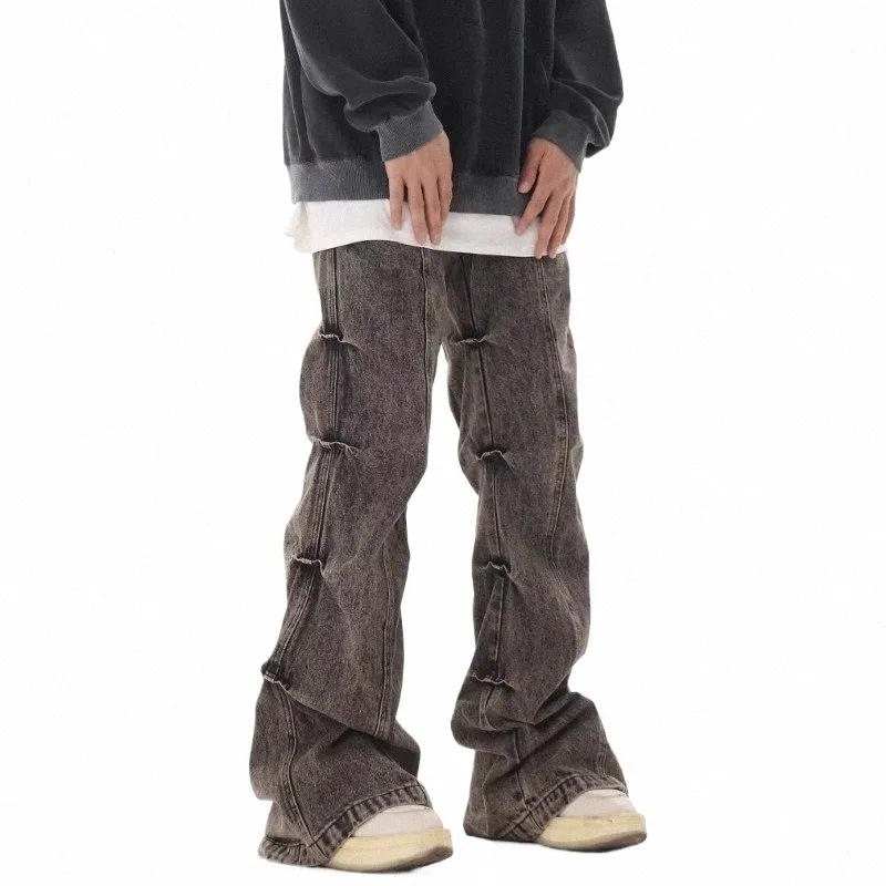 Vintage Piled Tasarım Kot pantolon erkek kadın gri dikkatli geniş bacak pantolon Amerikan tarzı cadde düz bol pantolon q6os#