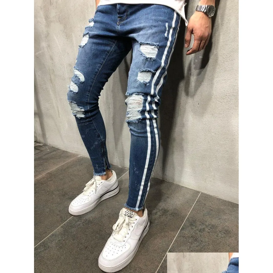 Erkek kot pantolon mavi denim yırtılmış ince fit çizgili erkek skinny kalem pantolon, fermuarlarla gündelik pantolonlar desen dağıtım giyim dhuns