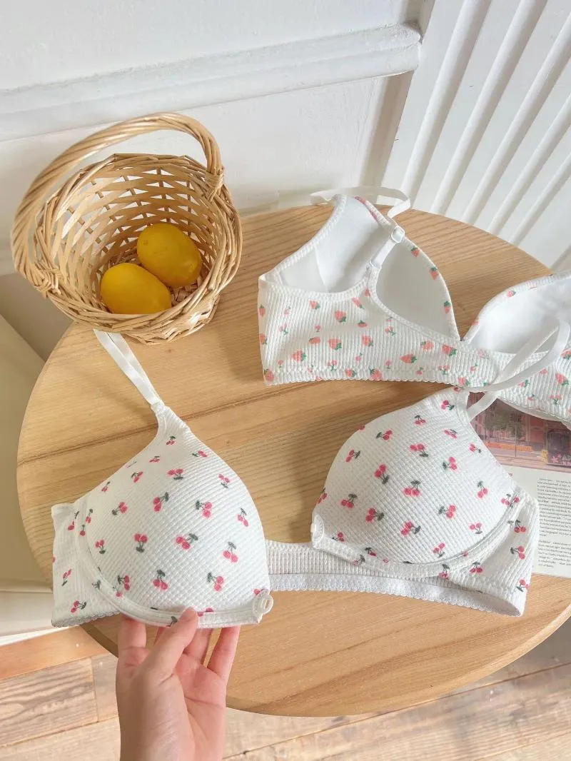 Bras Sets Japanese Girls Cute Cherry Print Underwear Female Non Steel Ring Lingerie Gathered Front Buckle Bra Set From SG 21.82 DHgate