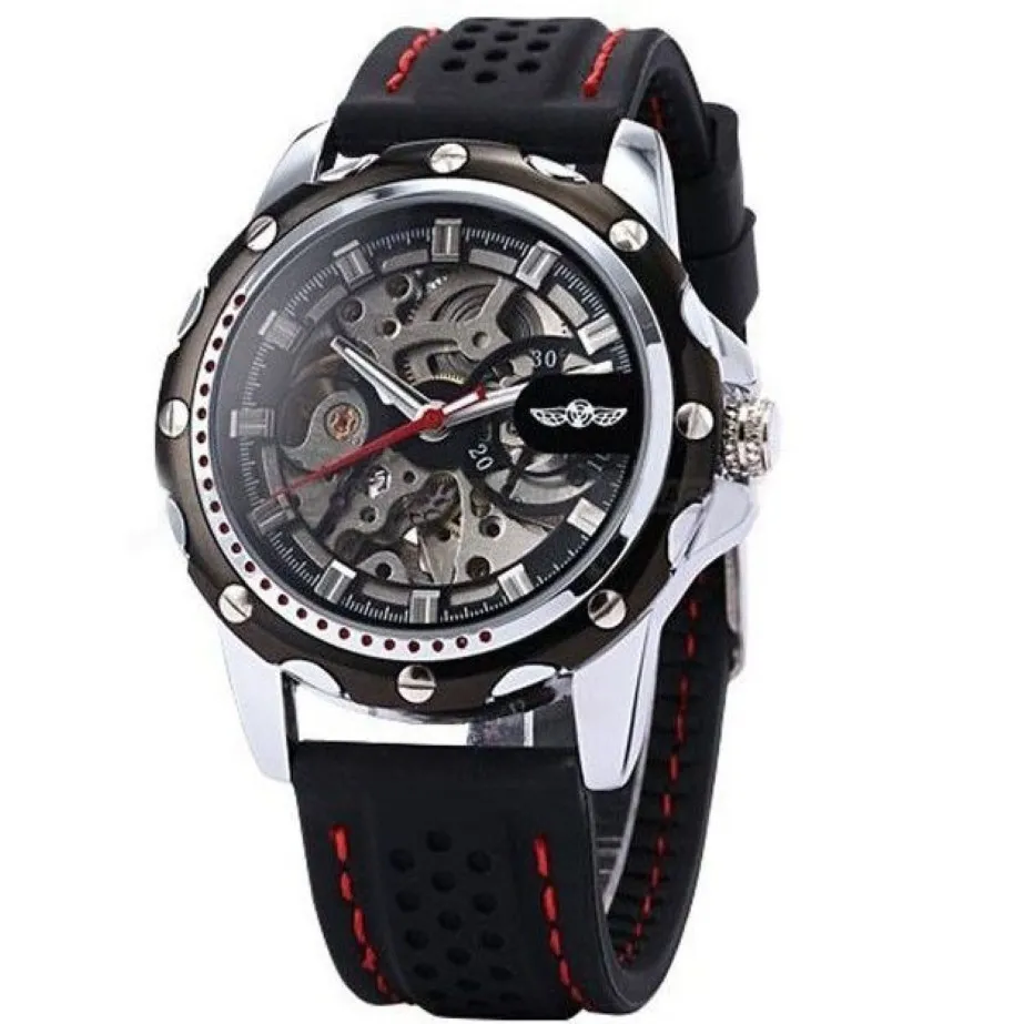 2022 NYTT VINNER Black Rubber Band Automatic Mechanical Skeleton Watch for Men mode Gear Wrist Watch Reloj Army Hombre Horloge280T