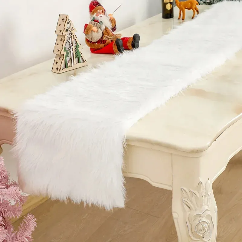 Runner da tavolo in peluche bianco 72 x 15 pollici Lusso Natale innevato Pelliccia sintetica Runner Banchetti Decorazioni di nozze 240322