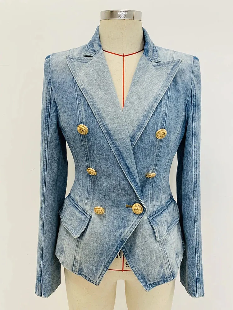 HOCHWERTIGE 2024 est Designer-Jacke für Damen, schmal geschnitten, zweireihiger Denim-Blazer mit Löwenknöpfen 240322