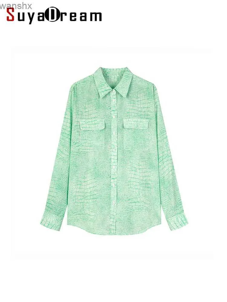 Kvinnors blusar Skjortor Suyadream Womens tryckt skjorta 100% Silk Crepe Bröstficka Green Top 2024 Spring/Summer Office Womens Topl240328