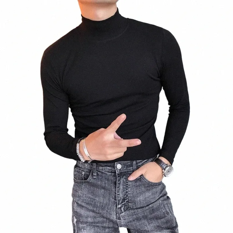 9colors秋の冬の温かいタートルネックlgスリーブTシャツの男性衣類2023オールマッチスリムフィットカジュアルベートティーシャツhomme g3ab＃