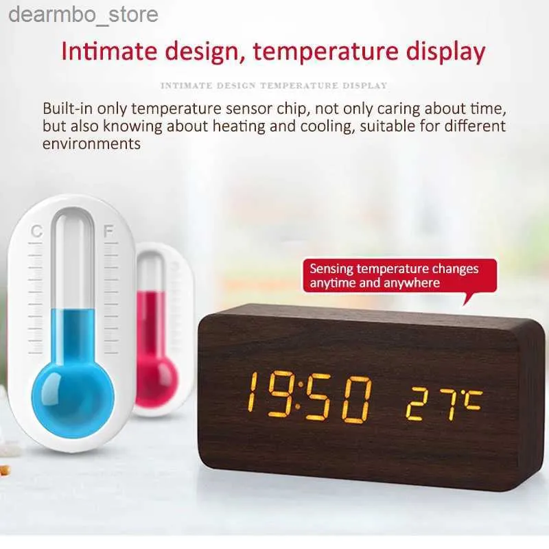 Horloges de table de bureau Thermomètre numérique LED horloge en bois chargement USB réveil numérique horloge de bureau commande vocale électronique température24327