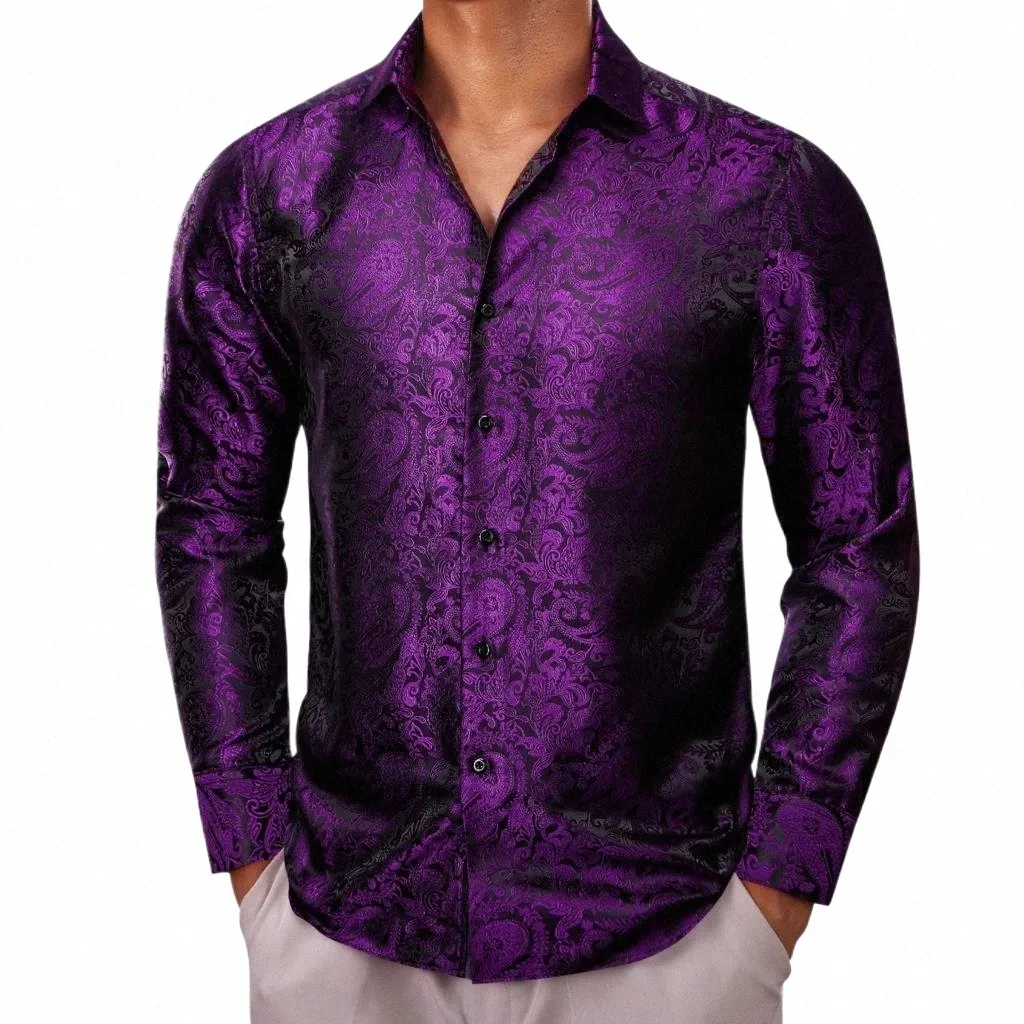 Chemises de luxe pour hommes en soie Lg manches violet Paisley Slim Fit Blouses masculines Casual Tops formels respirant Barry Wang v6RA #