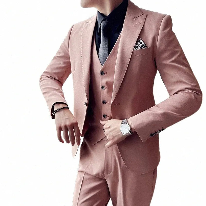 jackets+vest+pantsmen Pink Suits/Men Spring High Quality Groom's Wedding Dr/Male Slim Fit Fi Casual Tuxedo Men Blazers 20br#