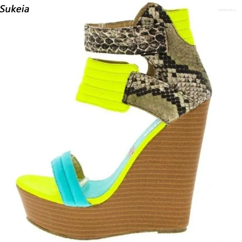 Pos Summer Women Real Sukeia Sandals Platform Wedges High Heels Round Toe Yellow Party Shoes Ladies US Size 42
