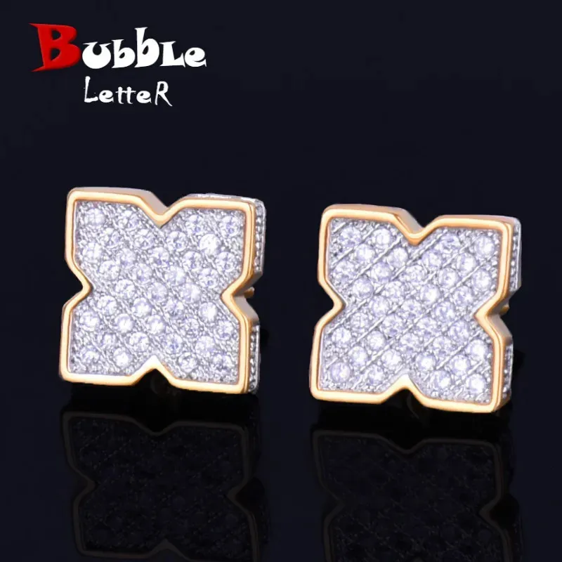 9mm blommorform Mens Women Stud Earring Gold Color Charm Full Cubic Zircon Screw Back Earrings Fashion Hip Hop Jewelry 240323