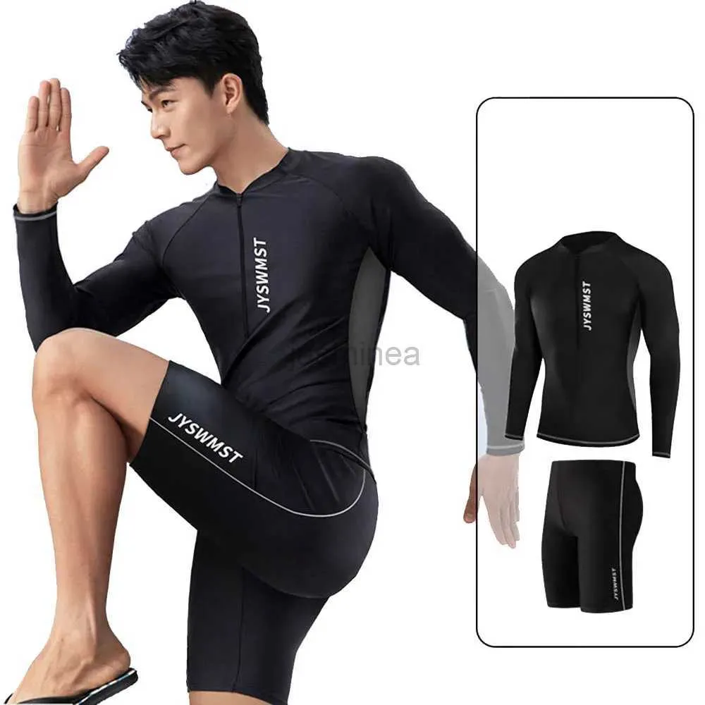 Maillots de bain Nouveaux hommes Maillot de bain à séchage rapide à manches longues T-shirt de plage résistant au soleil Costume de surf en apnée Haut de sport nautique 240327