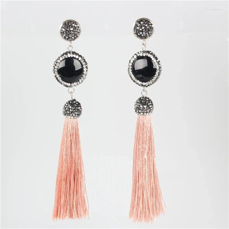 Dangle Oorbellen Boho Boho Kaneel Roze Zijde Stof Draad Kwastje Met Zwarte Onyx Witte Connector Studs Drop Earring Voor Vrouwen