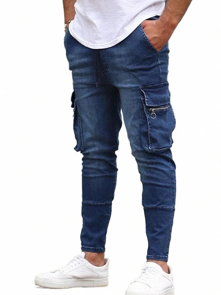 Nuevos hombres Slim Fit Stretch Jeans Casual Fi Multi Pocket Cargo Denim Pantalones High Street Jeans para hombres Trabajo Hip Hop Pantalones P1PK #