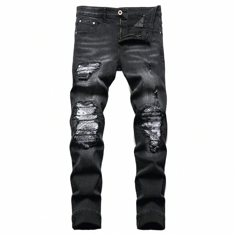 Mens Paisley Bandana Patch Jeans Ripped Denim, Slim Fit