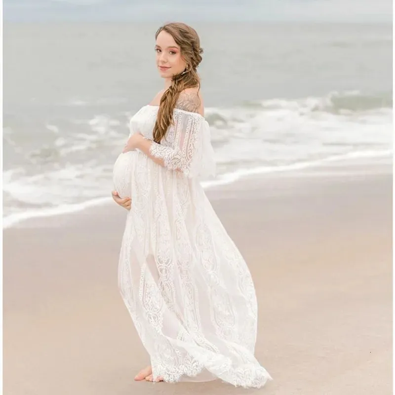 2023 Summer Maternity Lace Dresses Boho Pography Dress Slash Neck Pregnancy Casual Long 240321