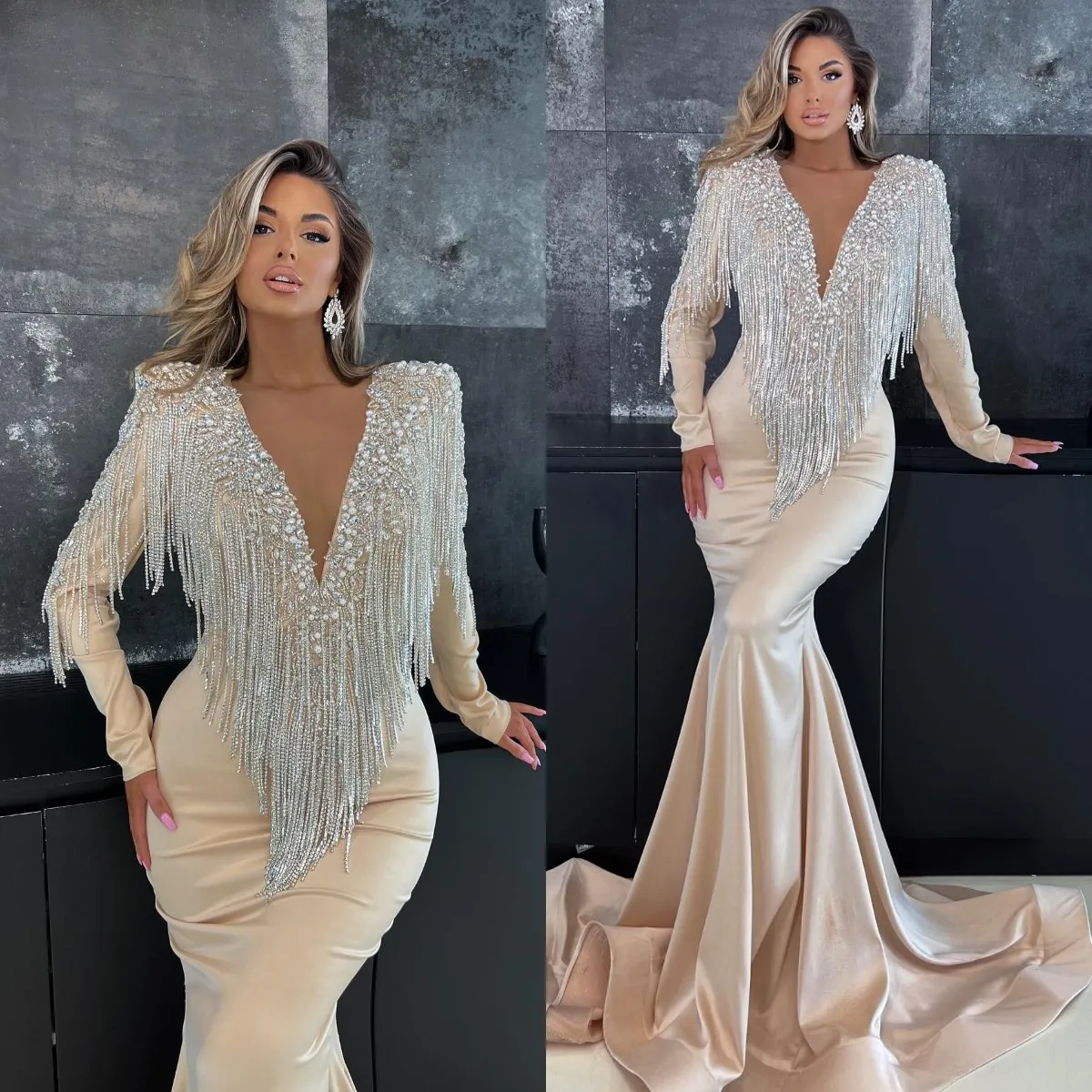 Gorgeous Champagne V Neck Off Shoulder Sleeveless Beaded Mermaid Formal Evening Dress with Train