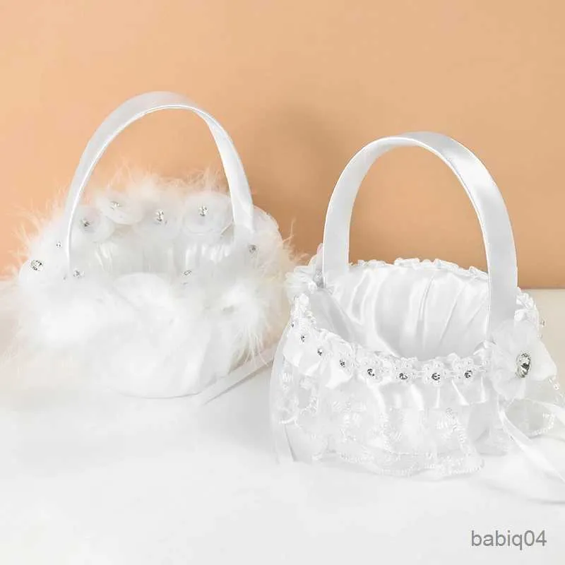 Paniers de rangement Panier de fleurs de mariage blanc dentelle perle Bowknot paniers de fleurs demoiselle d'honneur filles paniers pour douche nuptiale fournitures de fête de mariage