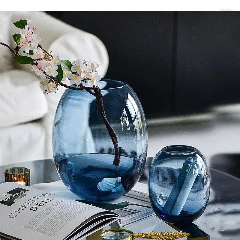 Vases Creative Transparent Blue Glass Vase Hydroponics Flower Pots Desk Decoration Flowers Arrangement Modern Circular Floral