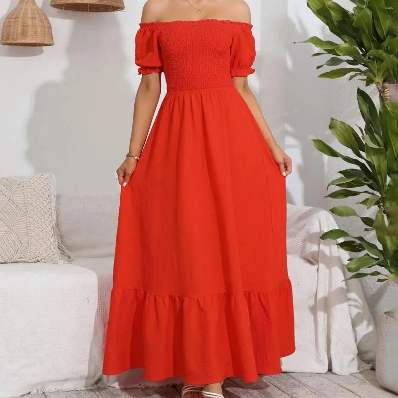 Casual Dresses Red Summer For Women Sexy Off Shoulder Beach Holiday Long Dress Elegant Ladies Parted Party Ruffles Robe Femme