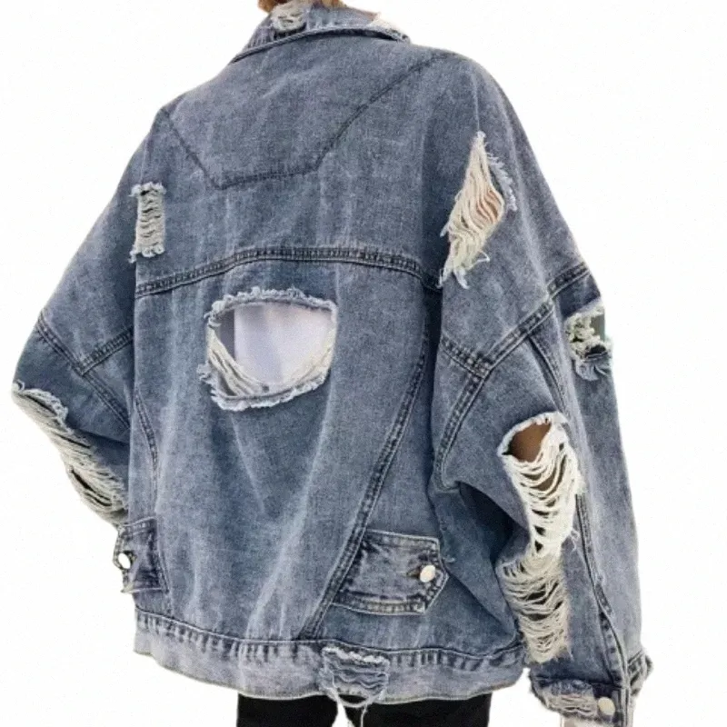 fi Ripped Denim Jacket Y2K Distred Streetwear Hip Hop Broken Hole Jeans Biker Jackets Men's blue jacket LooseOutwear 87R9#