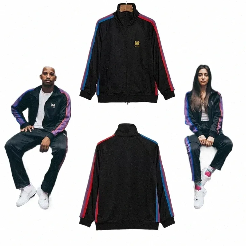 awge Y2K NEEDLES Mandarin Duck Ctrast Color Track Stripe Coat Lg Sleeve Butterfly Embroidery Men Women Lapel Collar Jacket p9GT#