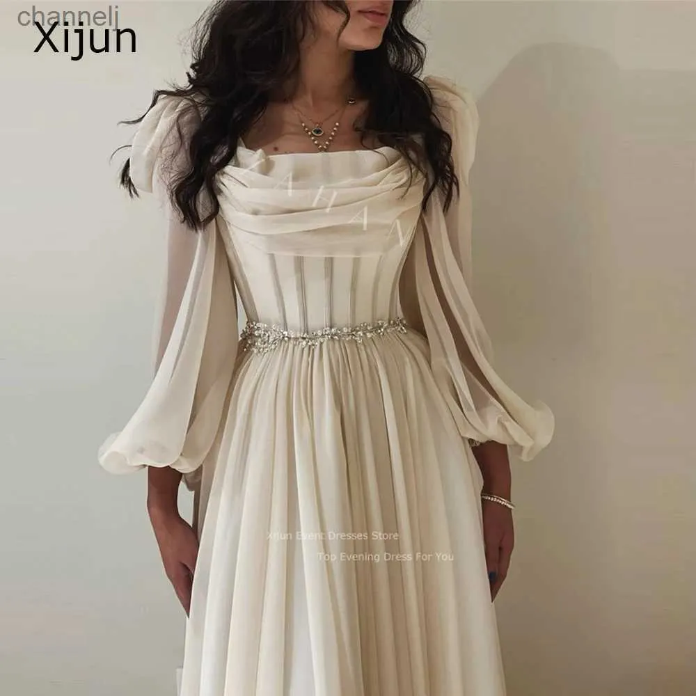 Urban Sexy Dresses Xijun Chiffon Long Sleeves Prom Pleats Crystal Beaded Gowns Formal Party Elegant Dubai Evening Dress Women yq240327