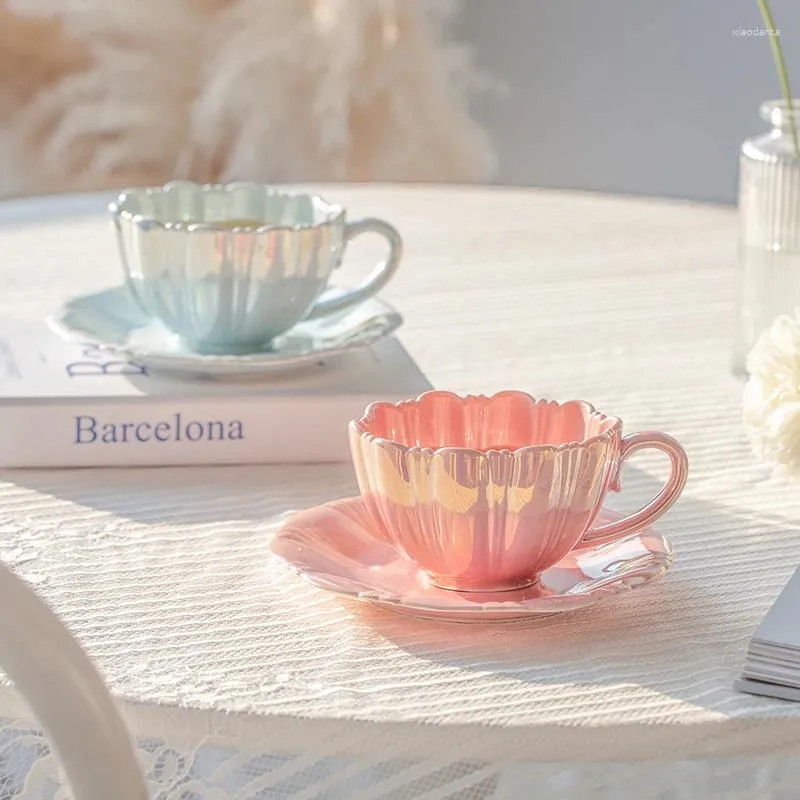 Mugs Pearl Petal Ceramic Coffee Cup Saucer Afternoon Tea Drinkware Pink White Blue Mug With Spoon Tray Milk Teacup