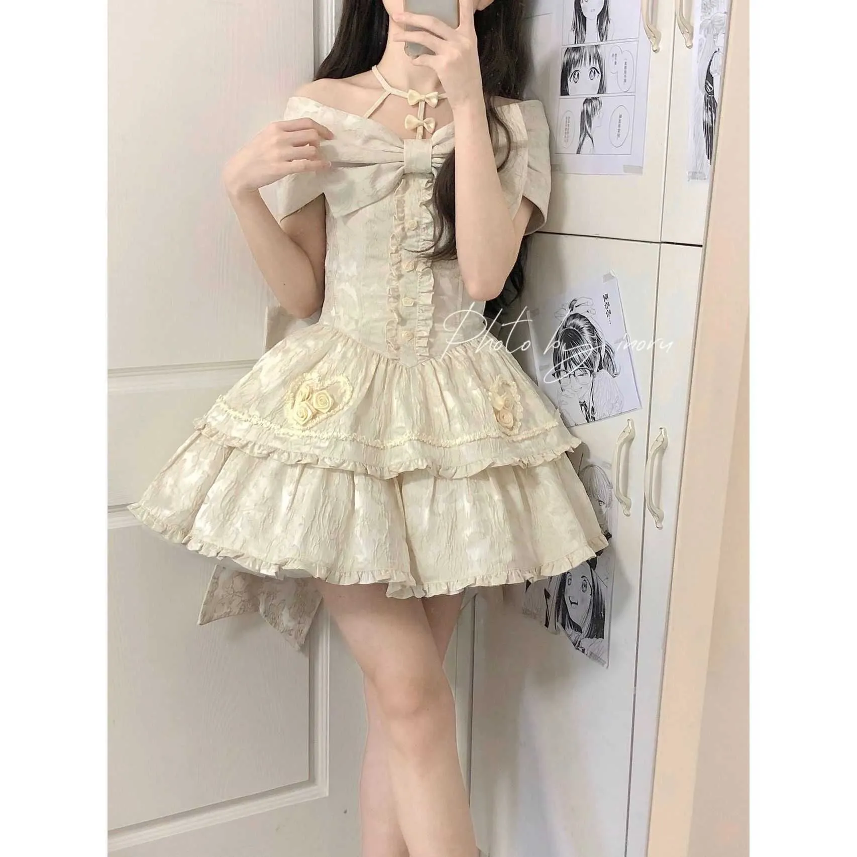 Sweet and Cute Lolita Summer New Design Feeling Small One Line Shoulder Knot Fluffy Dress