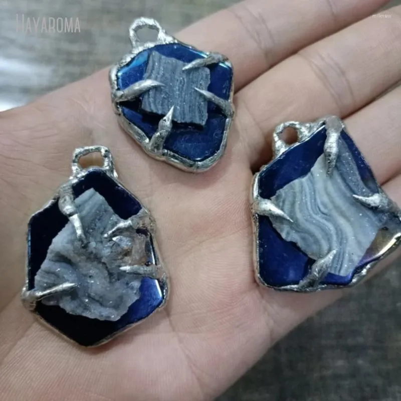 Pendant Necklaces 10Pcs Wholesale Tin Solar Agates Handmade Jewelry Soldered Free Form Slice Claw PM48450