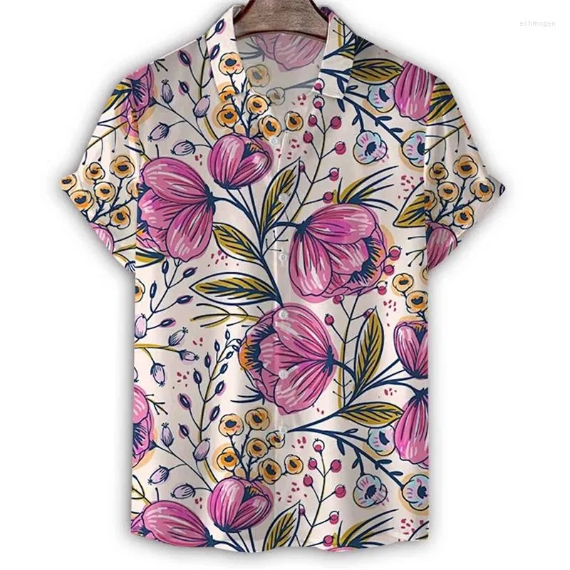 Chemises décontractées pour hommes Mode 3D Plantes d'impression Chemise hawaïenne pour hommes Motif de fleurs d'été Manches courtes Revers Tee Bouton Blouse Tops Vêtements