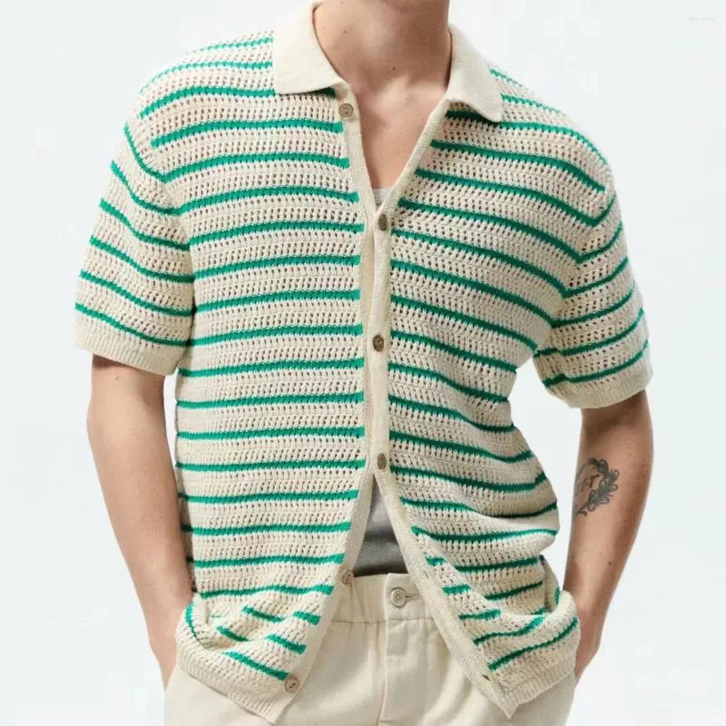 Polos pour hommes Mode d'été Vintage Tricot Polo Hommes Haute Qualité Stripe Couleur Correspondant Top Cardigan Casual Manches Courtes