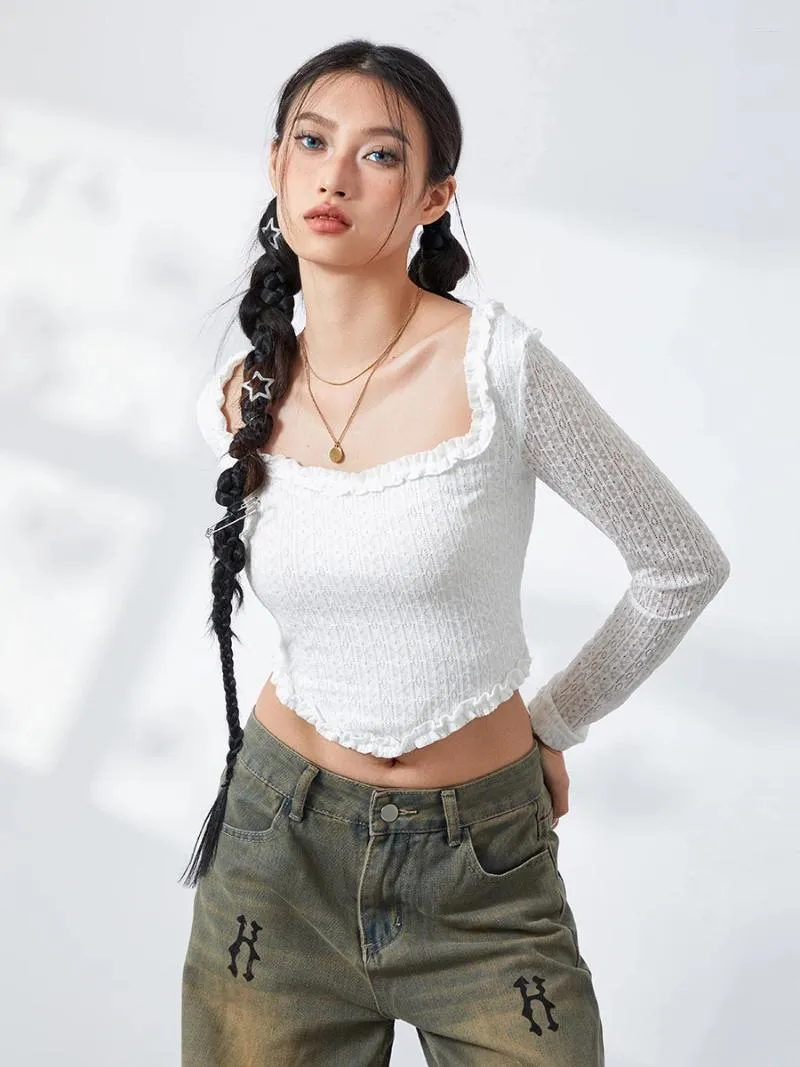 Женские футболки, женская футболка Y2k с квадратным вырезом, топы с длинными рукавами и кружевной отделкой, облегающая футболка на весну и осень, эстетичная рубашка на выход