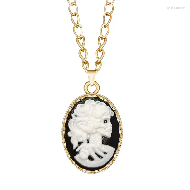 Pendentif Colliers Classique Cameo Crânes Tête Collier Pour Femmes Or Couleur Mode Dame Squelettes Creux Fleur Bijoux