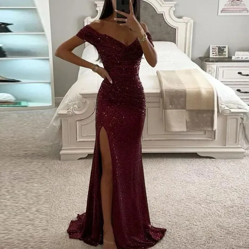 Sexy slash neck off the shoulder high split glitter maxi dress Sexy slash neck off the shoulder high split glitter maxi dress