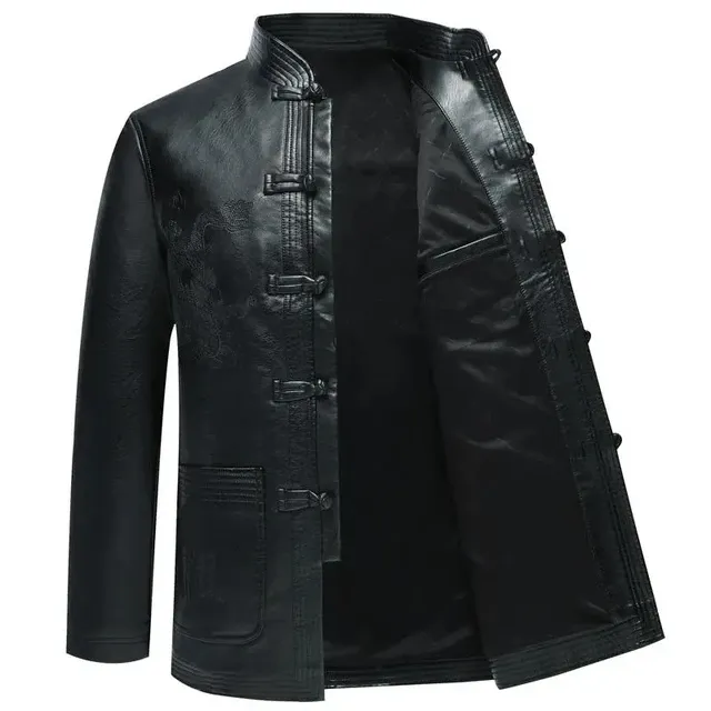 Mens Winter Faux Leather Tang Suit Jacket: Thickened, Loose
