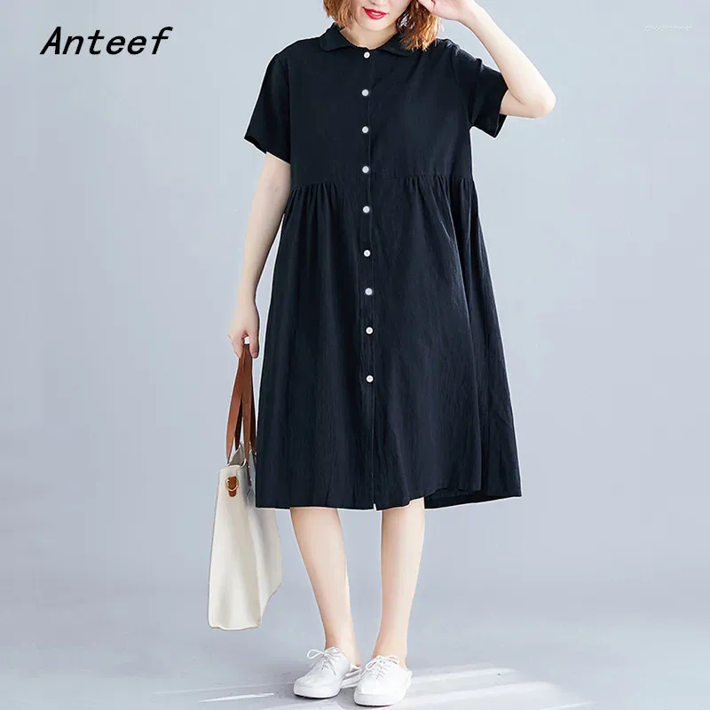 Abiti da festa Manica corta Nero Cotone Lino Vintage Per donna Casual Allentato Midi Abito estivo camicia Abiti eleganti 2024