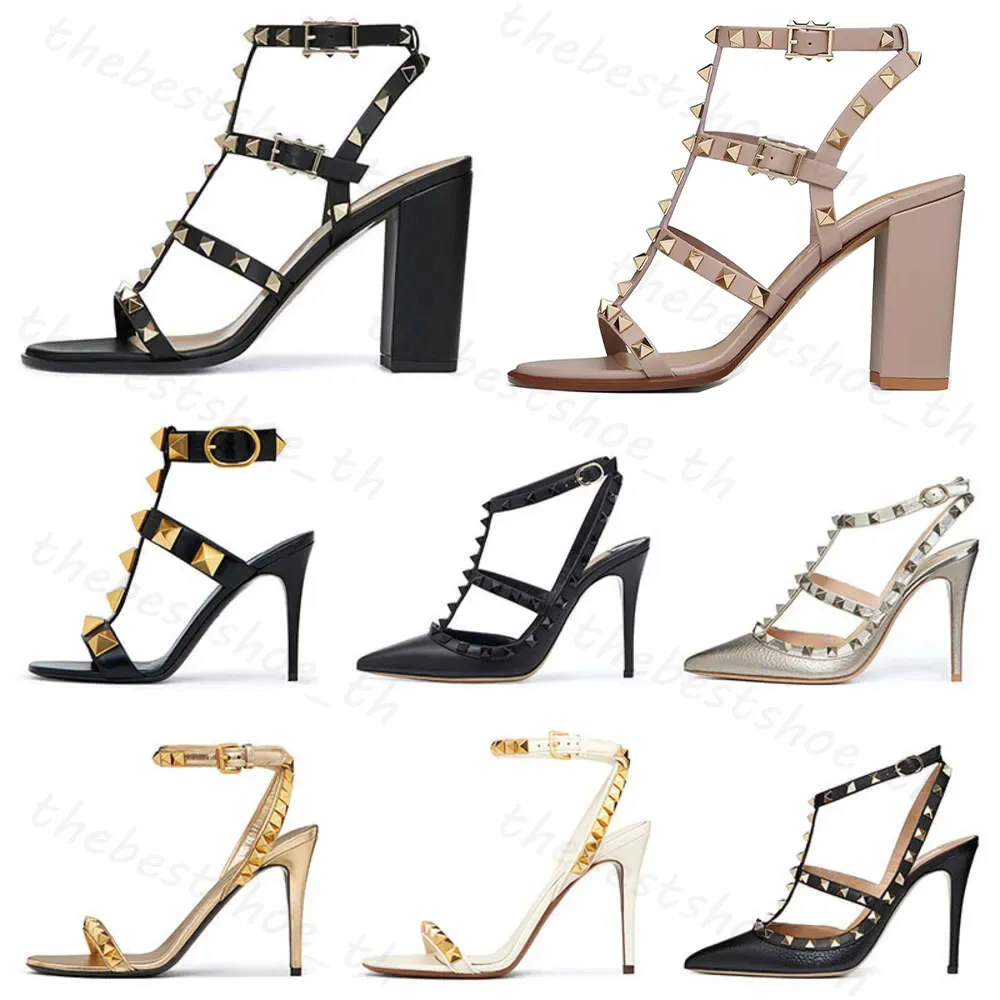 Designer High Heel Vt Sandal Dress Shoes Ankel Strap Roman Studs Black Naken Strip Hitets Womens Stiletto Block Heel Shoes